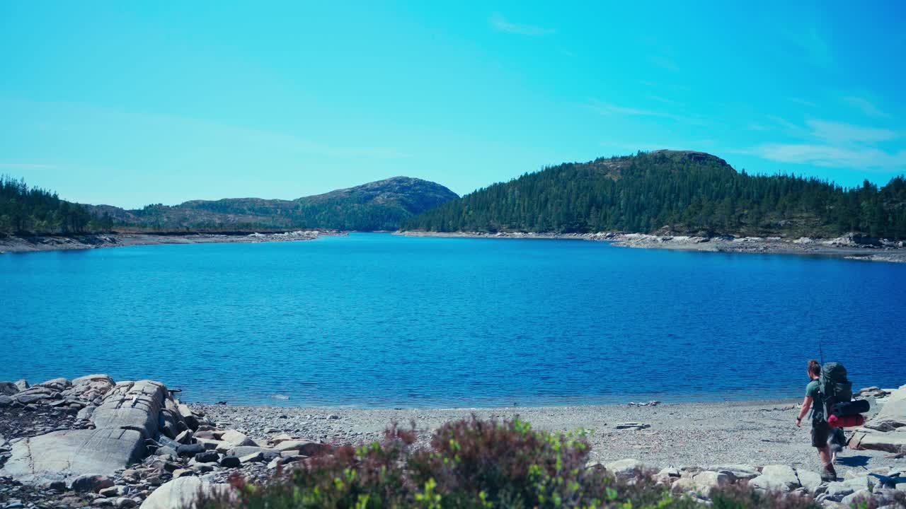 알래스카 말라무트 개 와 함께 노르웨이 의 호수 를 향해 는 산책자