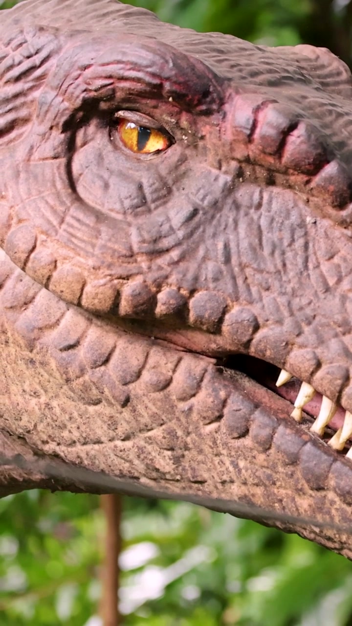 Primo piano di un occhio realistico di dinosauro che sbatte le palpebre in un ambiente giungla