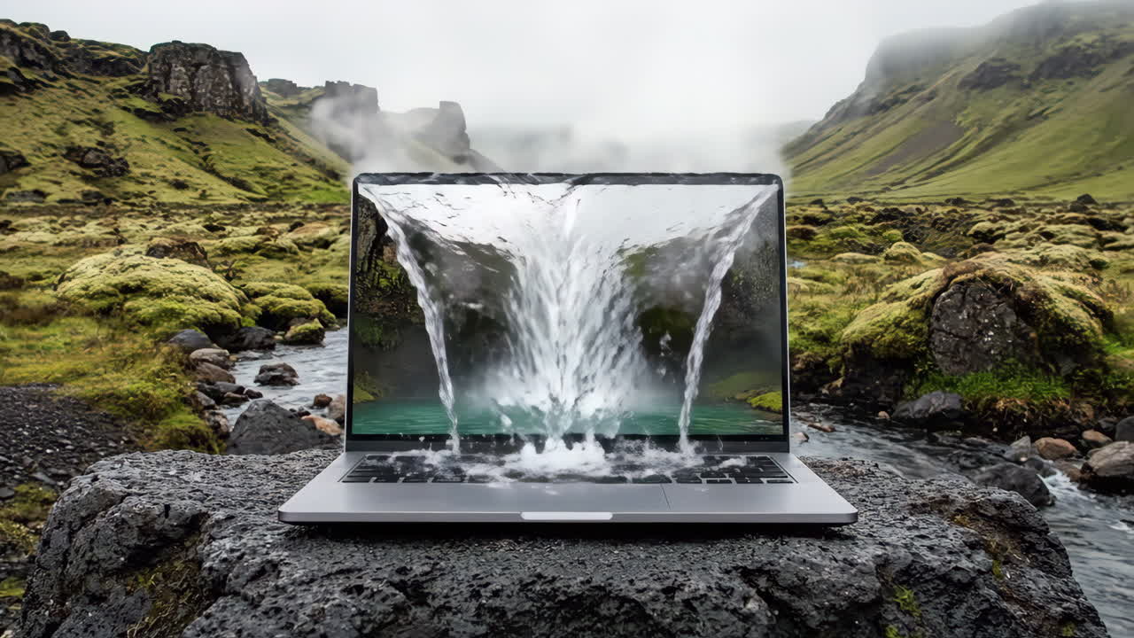 Waterfall Spilling from Laptop Screen in a Natural Landscape