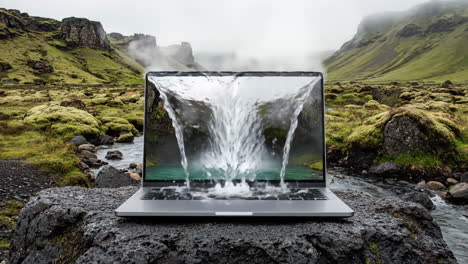 waterfall spilling from laptop screen in a natural landscape