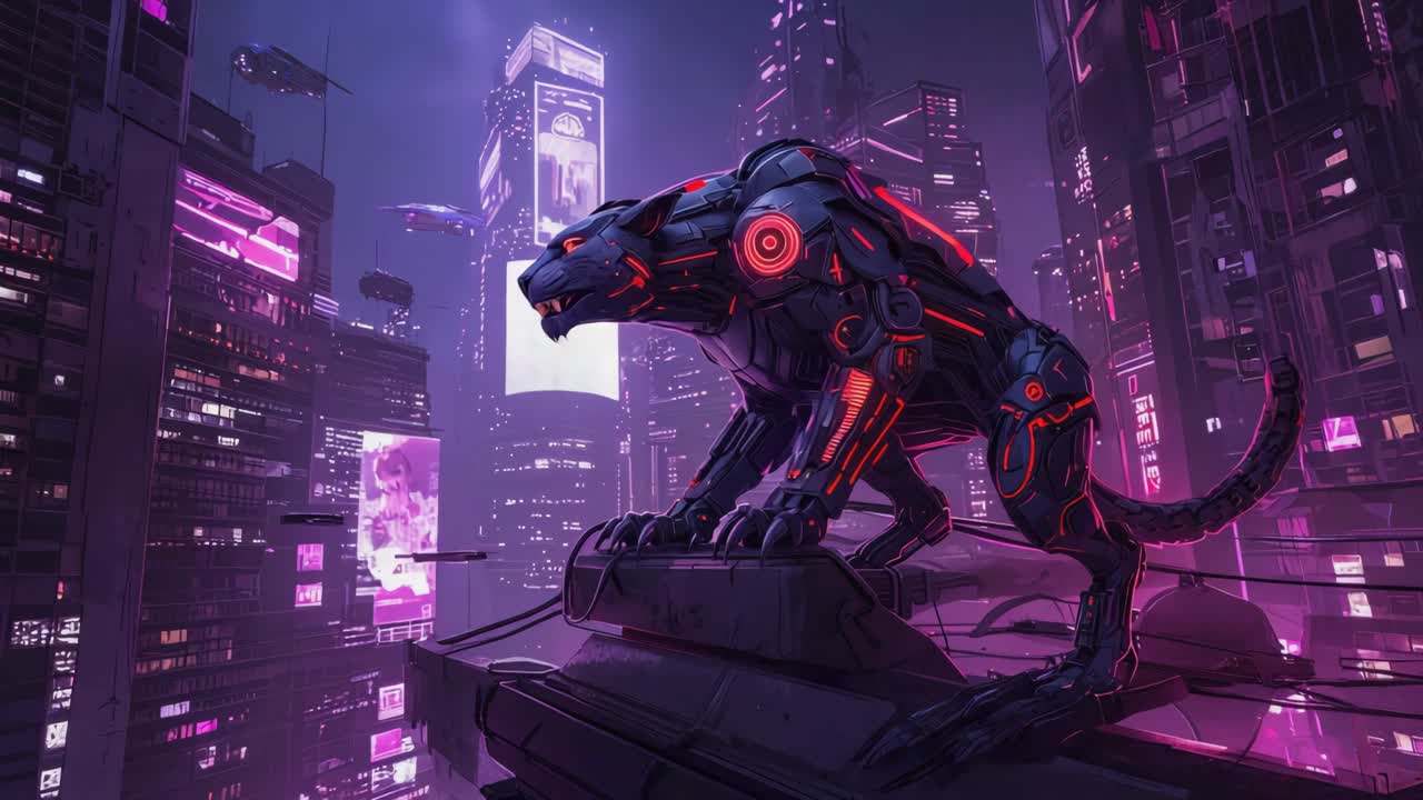 Cyberpunk Panther in Futuristic Cityscape