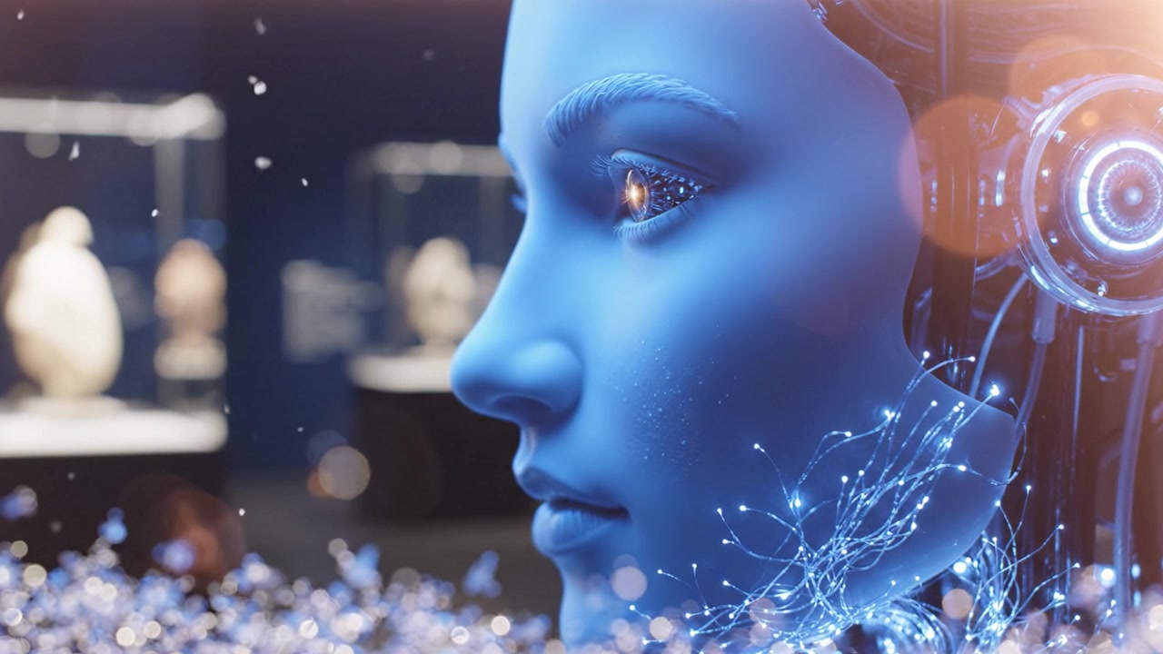 Un primo piano futuristico di un volto robotico umanoide, caratterizzato da intricati circuiti e un bagliore blu luminoso che evidenzia l'avanzata tecnologia dell'intelligenza artificiale.