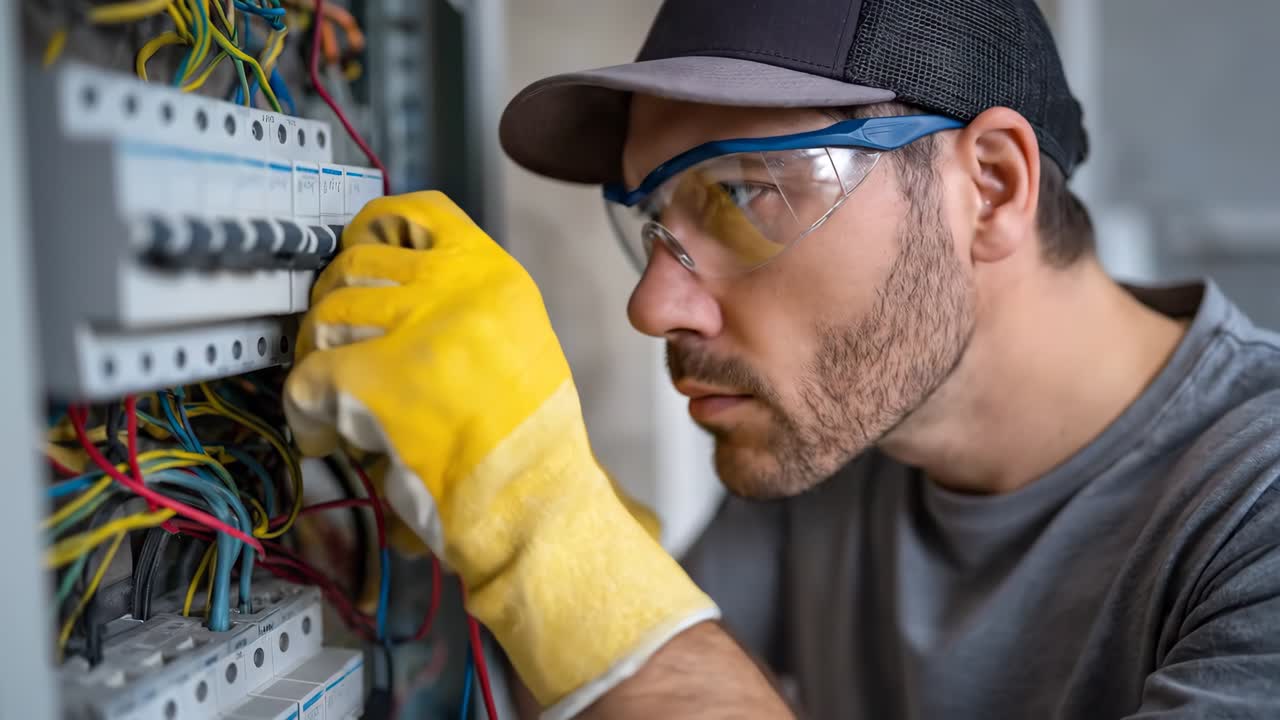 electrician working with electrical wiring in panel