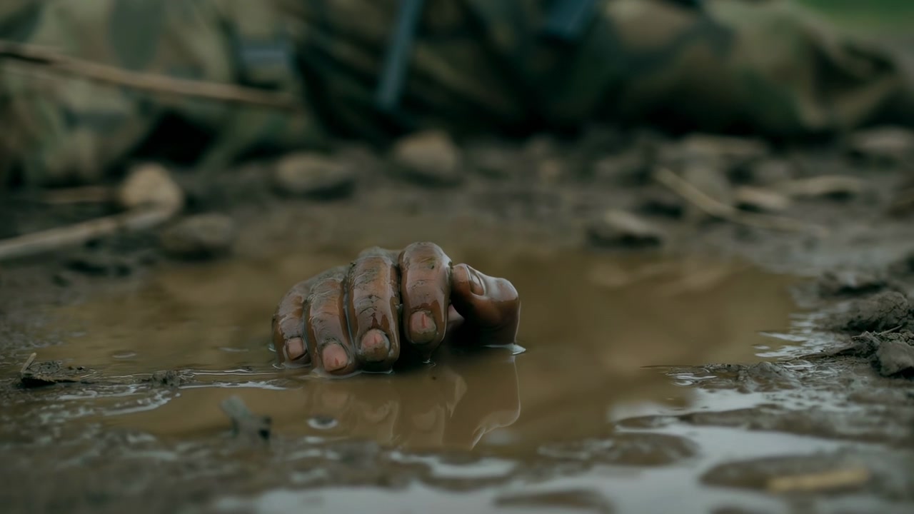 Ground level view shows muddy hand partially submerged in shallow puddle, fingers curled and coated with wet earth, clear reflection on water, blurred camouflage figure in background, tense outdoor
