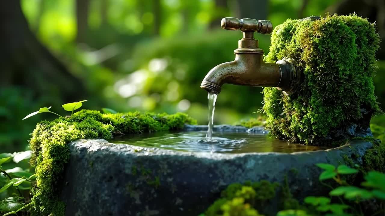 A faucet with water coming out of it in the middle of a moss covered fountain