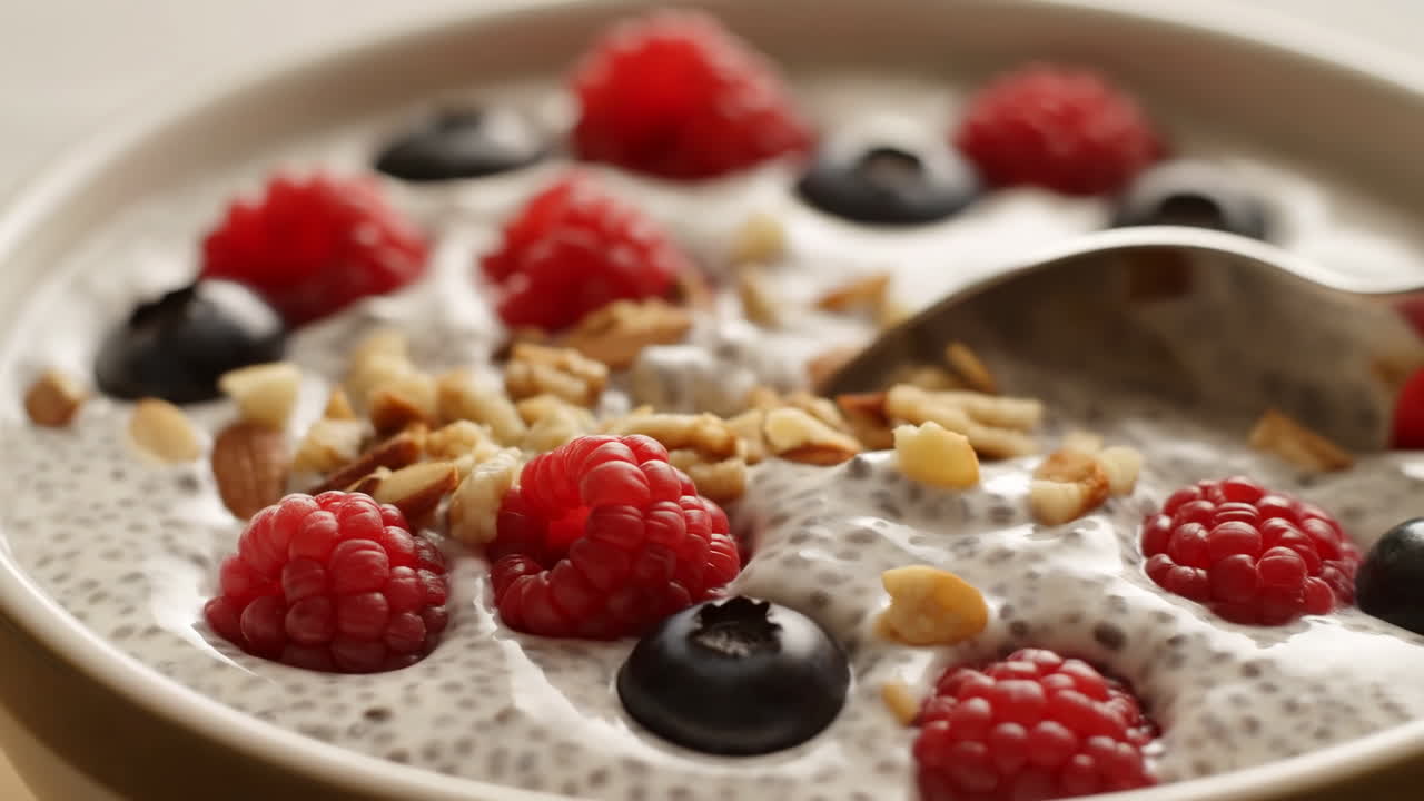 Primo Piano Ciotola Chia Pudding Con Lamponi E Mirtilli, Cucchiaio Che Raccoglie Delicatamente Semi Cremosi, Frutta Secca Tritata