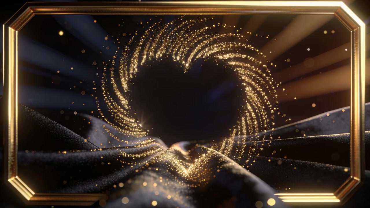 Particelle d'oro che turbinano formando un vuoto a forma di cuore su un palco di velluto, con un bordo dorato e raggi caldi che iniziano a svelarsi.