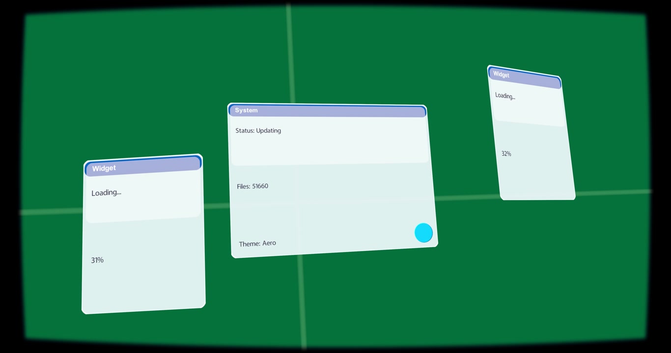 Cam opening, 3 UI panels floating, tilting on navy grid, showing update with transparent background