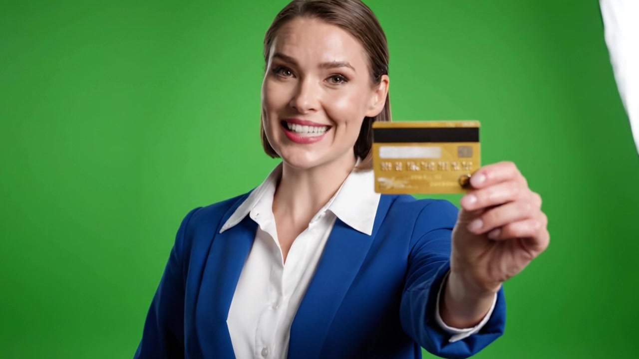 Sebevědomá profesionální žena hrdě drží kreditní kartu, ukazující své přátelské vystupování na zářivě zeleném pozadí, ideální pro finanční propagaci nebo reklamy.