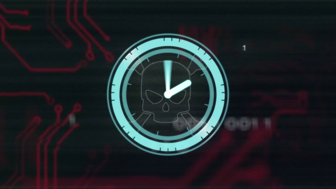 Digital skull and clock animation over circuit board and binary code background