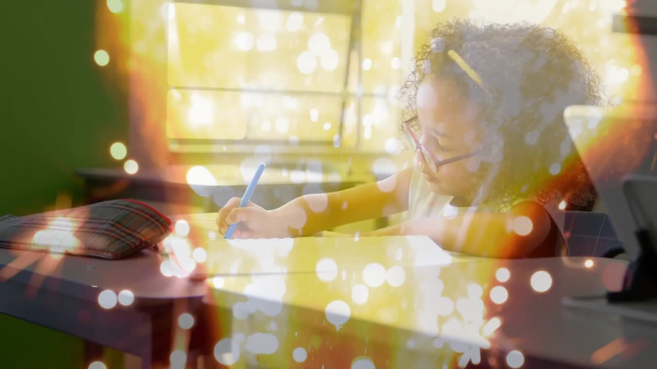 girl placing pencil and paper before practicing drawing in education with sparkles