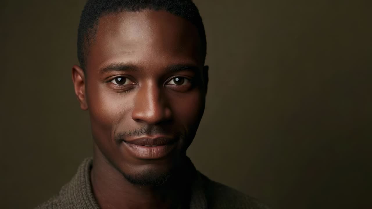 Smiling man shifting to broad smile at camera cue with light and olive backdrop, wearing sweater