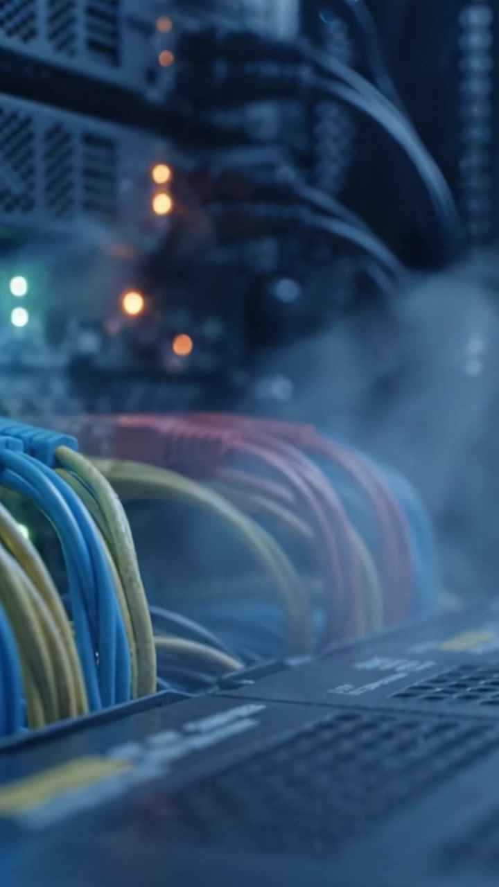 Vista ravvicinata di cavi di rete collegati a un rack di server, evidenziando le connessioni dati e l'illuminazione dinamica in un ambiente di data center.