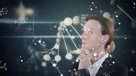 animation of a thoughtful caucasian woman looking at 3d interactive screen with molecules formulae a