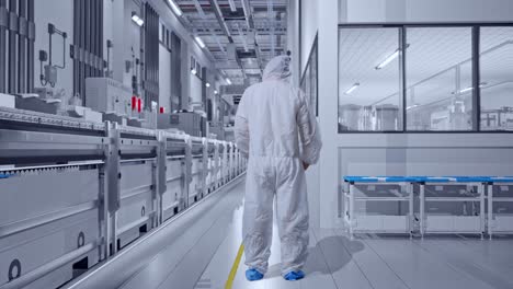 full body back view of asian male scientist having a headache while standing at pharmaceutical factory, vaccine production facility