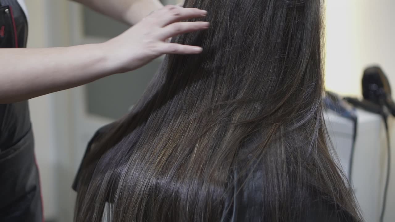 A hairdresser gently touches a woman's straight, brown, freshly styled hair at the salon.