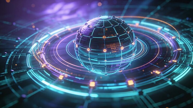 Zooming camera starting hologram sphere and orbital rings pulsing above circuit plane, orange trail