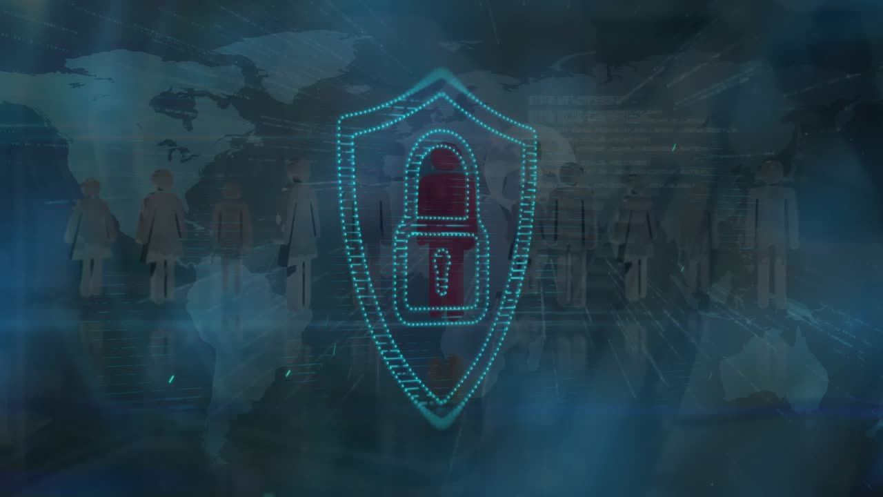 Animation of padlock icon over data processing and world map on black background
