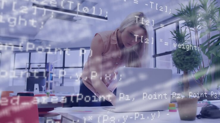 Animation of data processing over caucasian businesswoman using laptop