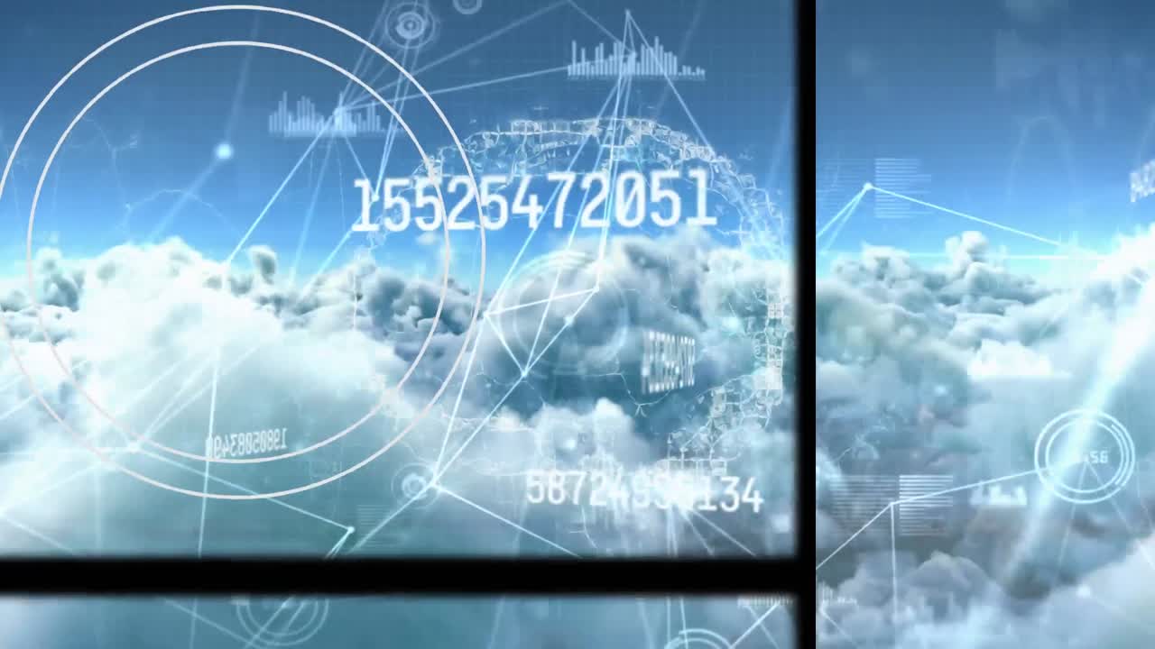 클라우드와 하늘에서 연결 네트워크와 데이터 처리의 애니메이션