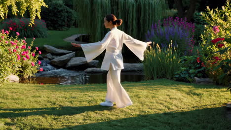 woman practicing tai chi in a beautiful garden