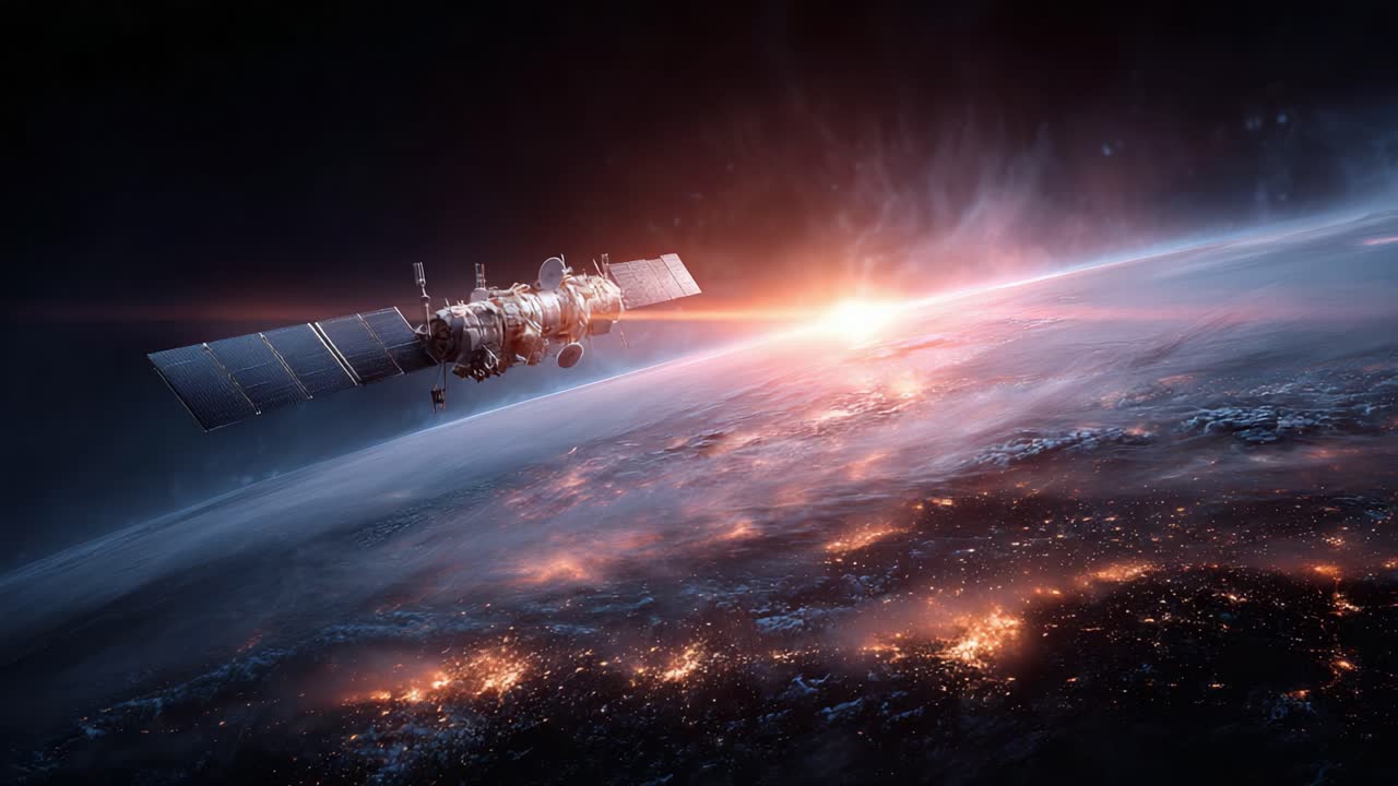 A Stunning Perspective of a Space Satellite Orbiting Earth, Capturing the Glorious Moment of Sunrise Over Our Planet's Horizon in a Captivating Cosmic Scene