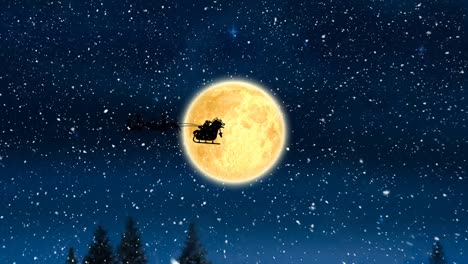 Digitale-Animation-Von-Schnee,-Der-über-Die-Schwarze-Silhouette-Des-Weihnachtsmanns-Im-Schlitten-Fällt