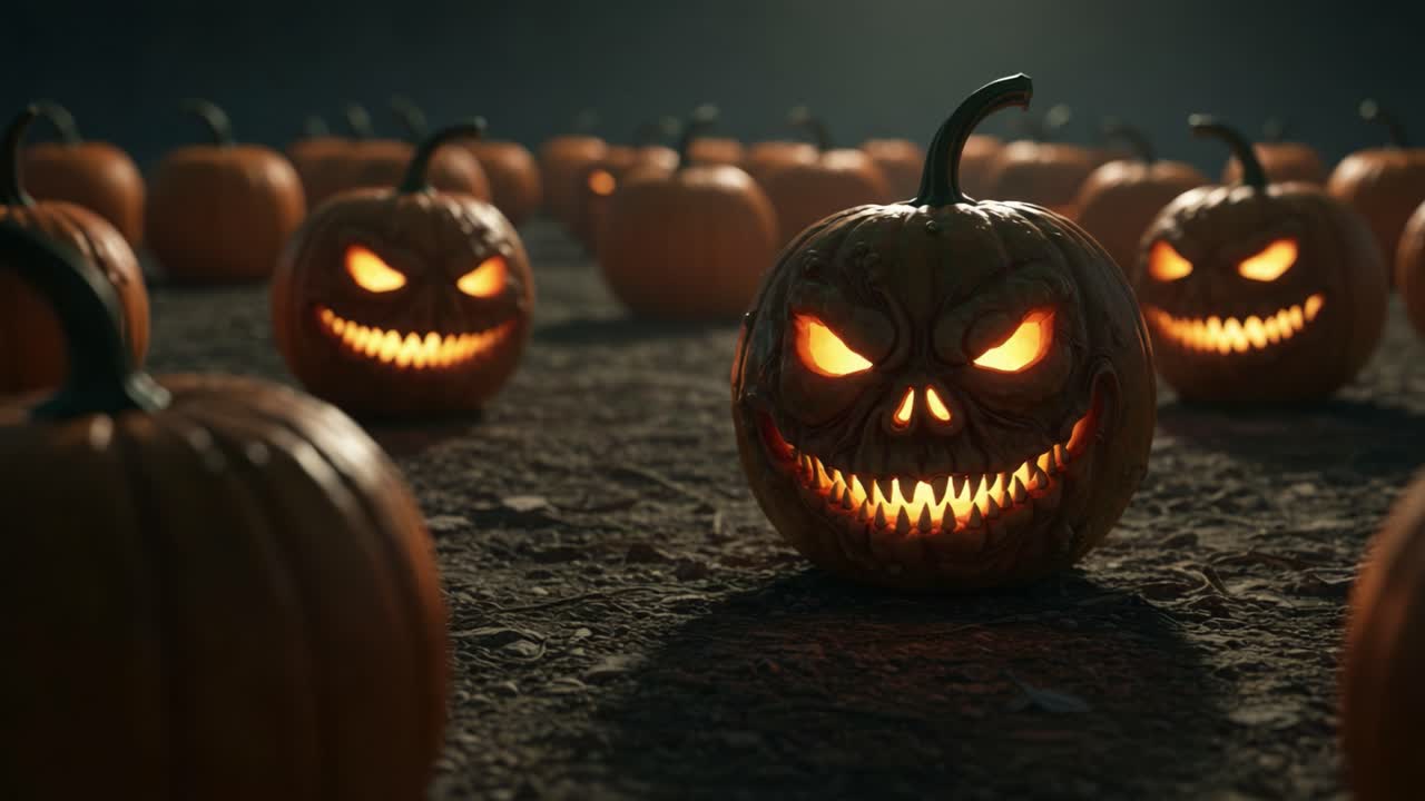 A Spooky Display of Glowing Jack-o'-Lanterns with Sinister Expressions Amidst a Pumpkin Patch, Perfect for a Halloween Celebration or Festivity