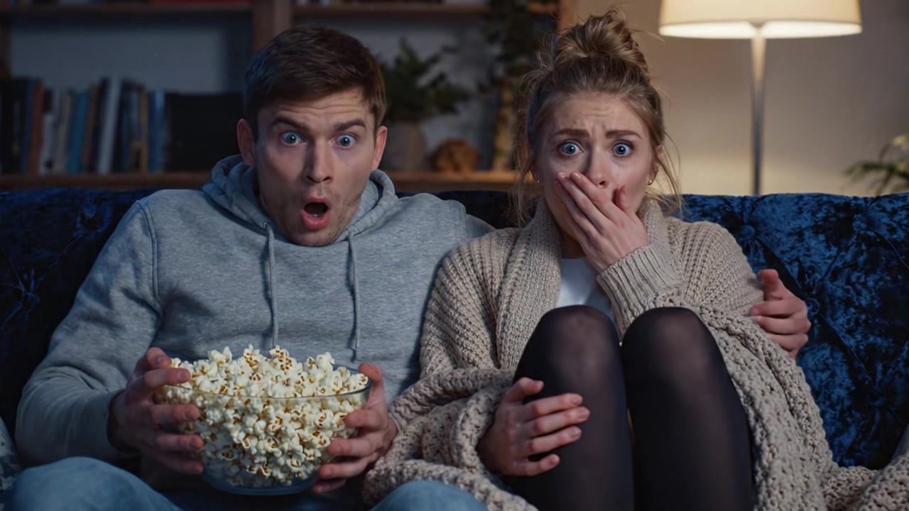 En par-aften: Spændte øjeblikke udspiller sig under en spændende film, med udtryk for frygt og spænding over popcorn i sofaen