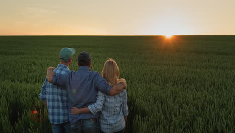 Una-Amigable-Familia-De-Agricultores-Admirando-La-Puesta-De-Sol-Sobre-Un-Campo-De-Trigo