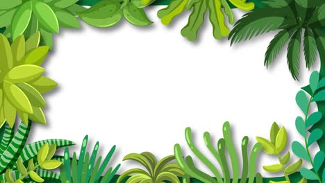 lush green tropical leaves smoothly grow and expand inward, forming a vibrant animated border around a central white space. flat vector style, seamless looping