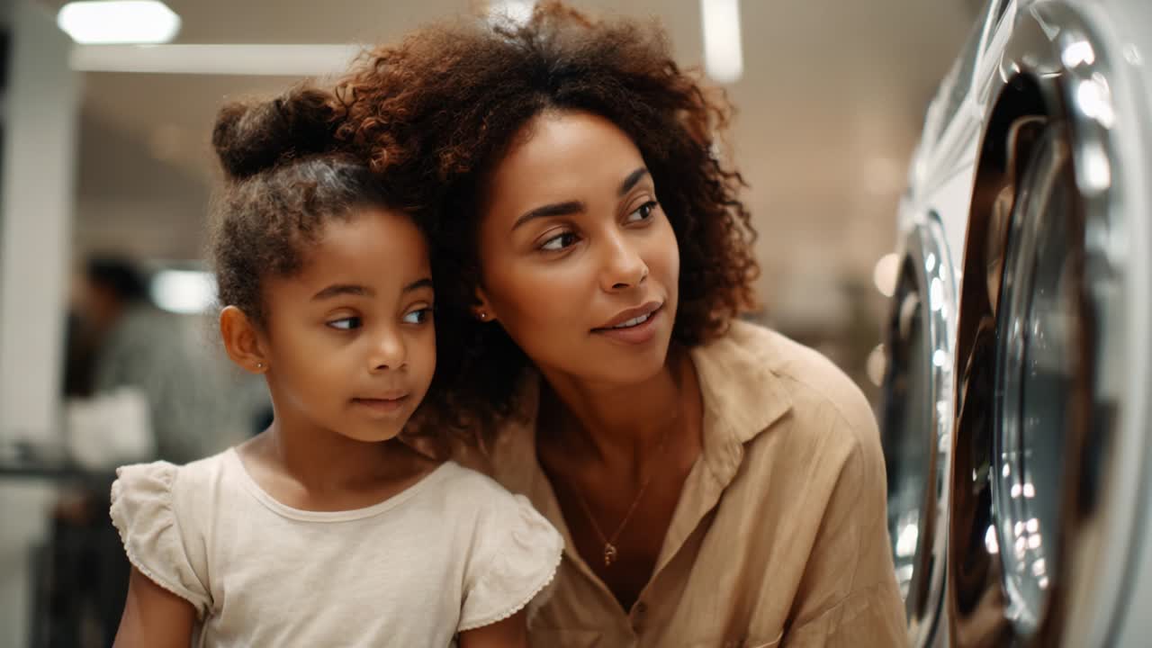 A Heartwarming Moment: A Mother and Daughter Bonding While Watching Clothes in the Washing Machine at a Modern Laundry Facility, Capturing the Essence of Family and Everyday Life