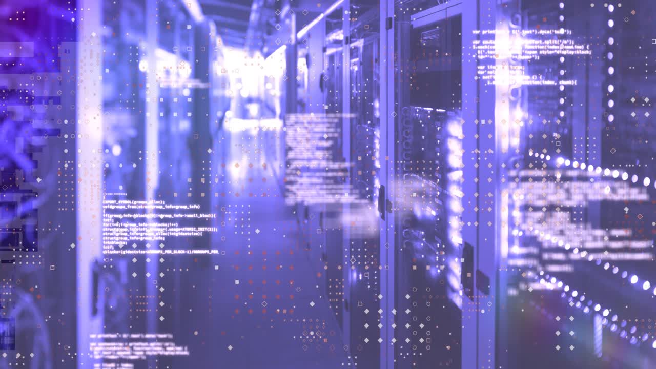 animación de partículas rojas sobre el procesamiento de datos contra la sala de servidores de computadora.