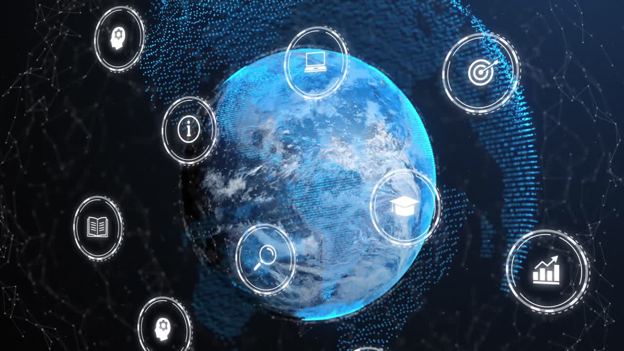 추상적인 배경에 대한 장갑 주위의 연결된 점 위의 원에 있는 아이콘의 애니메이션