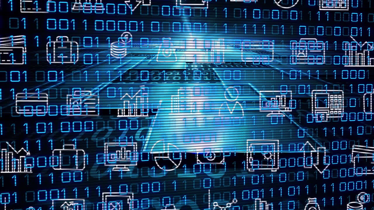animación de iconos comerciales sobre formas y procesamiento de datos