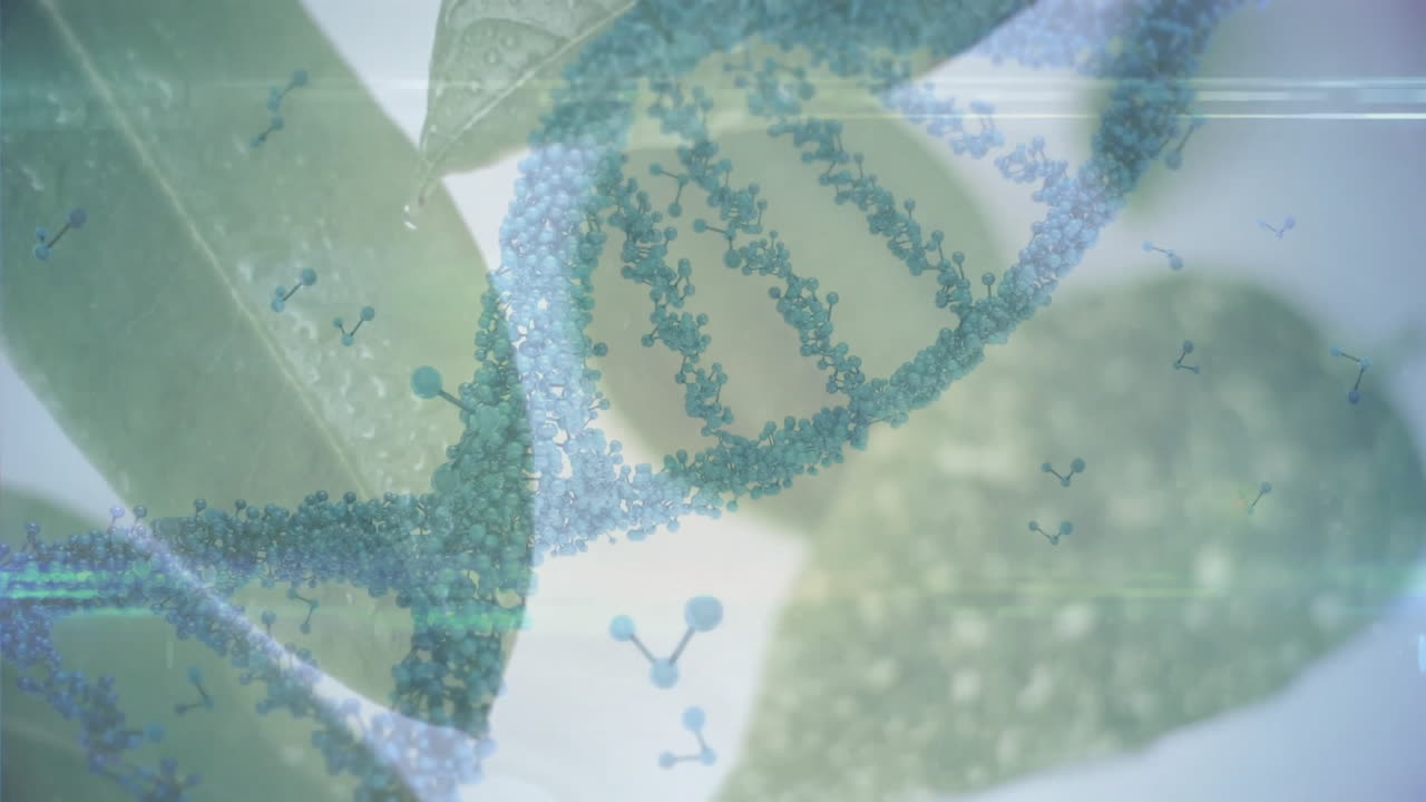 animación de la cadena de adn sobre hojas verdes