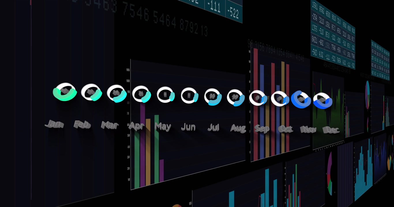 Animation of financial data over diverse data on black background