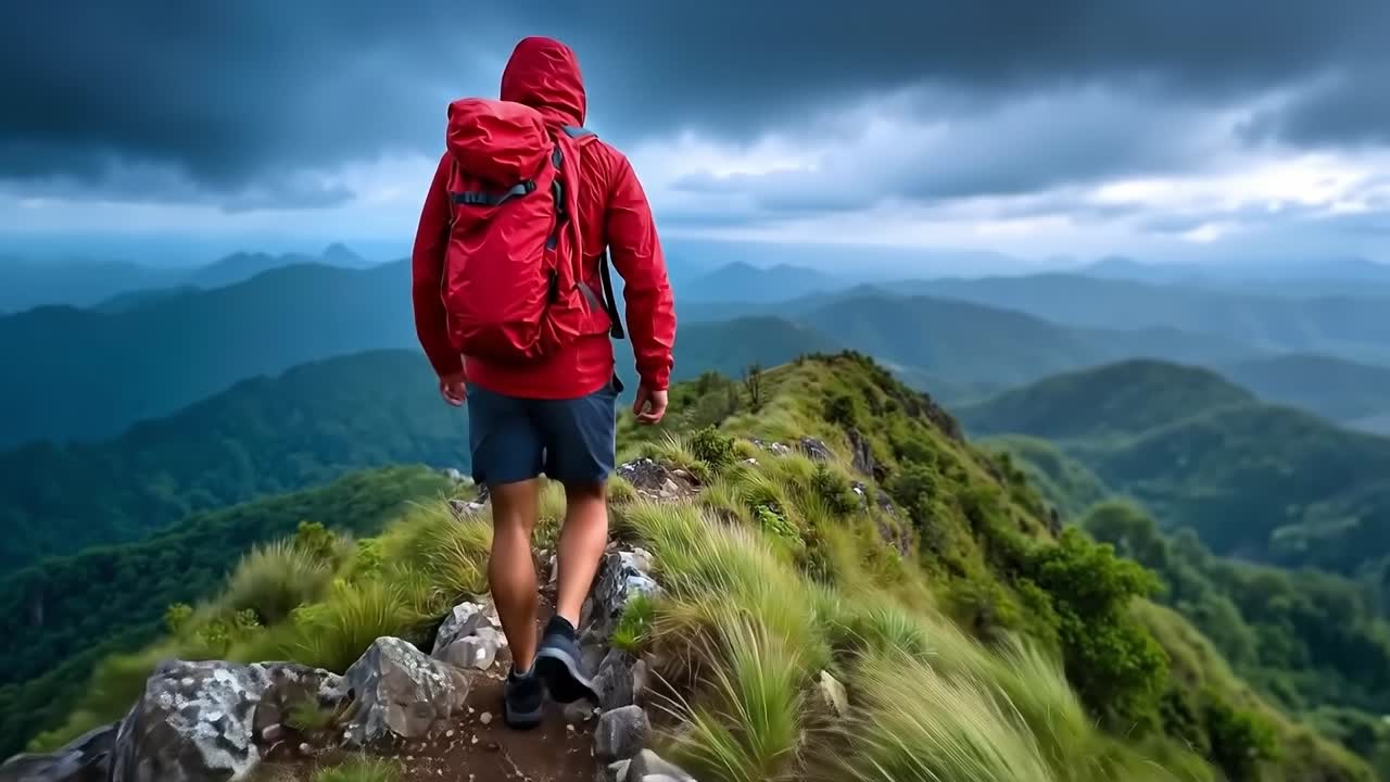 A man with a red backpack walking up a mountain trail