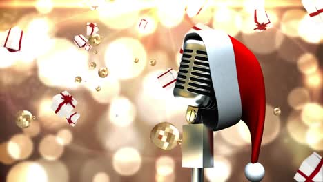 animación del sombrero de santa en un micrófono vintage con regalos de navidad cayendo