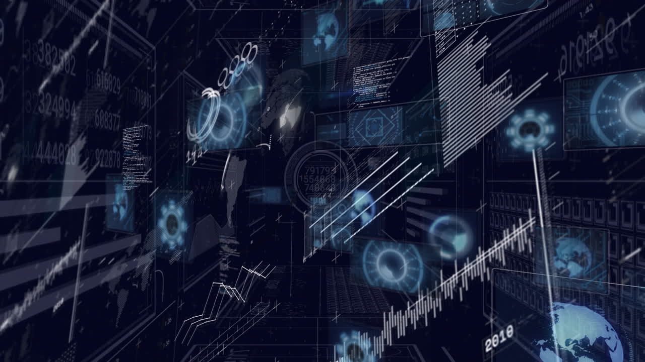 Animation of futuristic digital interface with graphs and data in technology setting