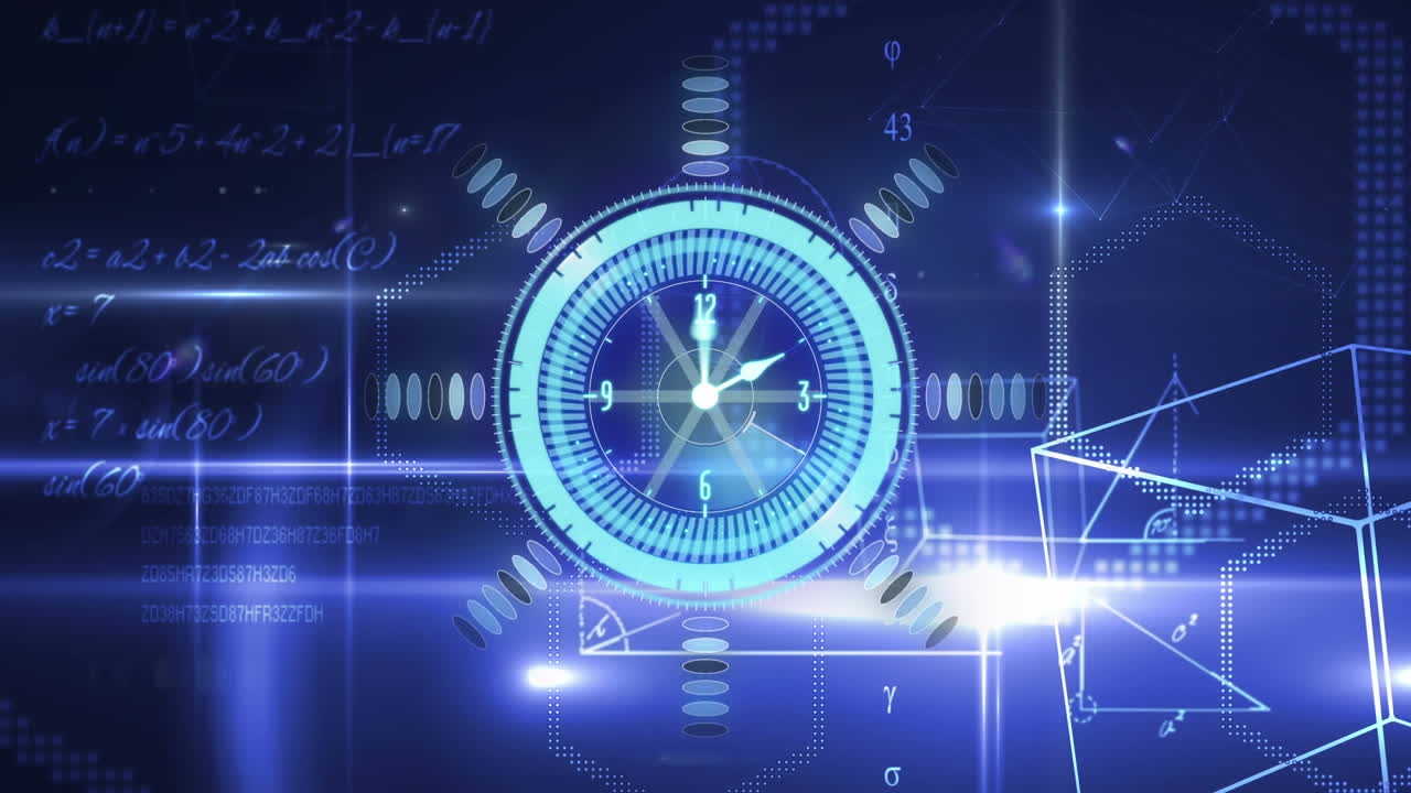 검은색 배경에 수학 수식 위의 시계와 함께 범위 스캐닝의 애니메이션