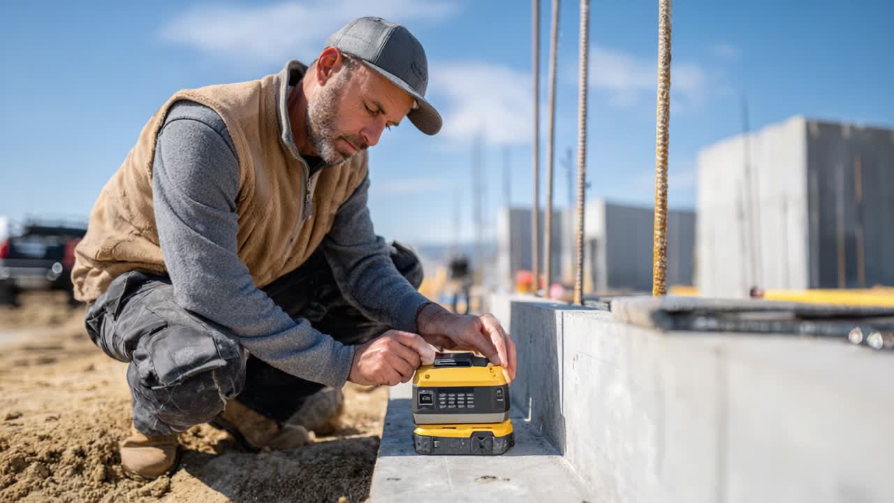 Focused Construction Worker Using Equipment to Set Up Building Foundation with Precision on a Clear Day at a Construction Site