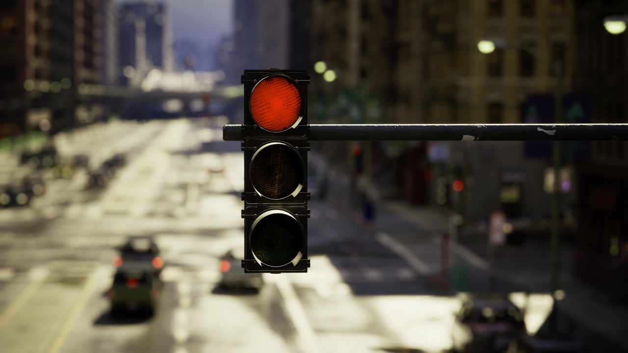 Traffic signal indicating stop in a bustling urban intersection during daytime