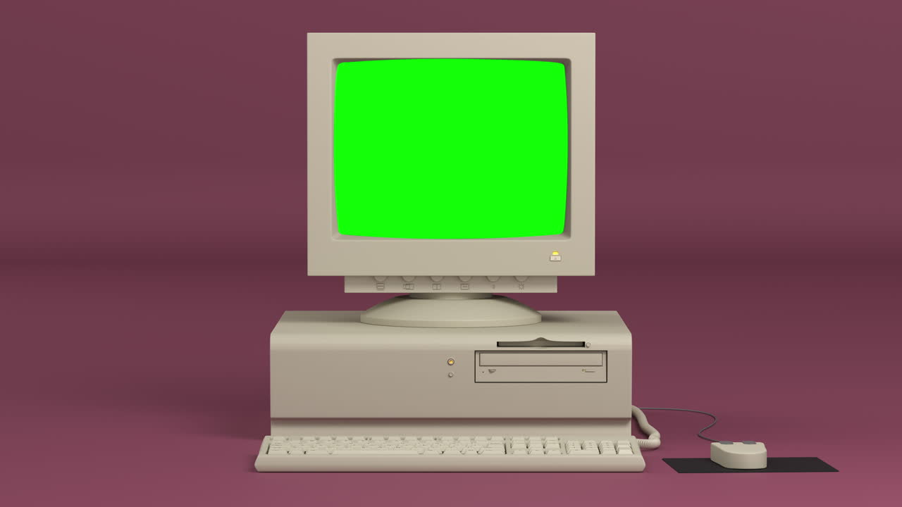 Old PC Turn ON and OFF with Green Screen Retro Vintage Computer in a Modern Background 4k