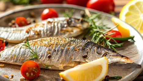 grilled fish plated with rosemary, cherry tomatoes, lemon wedges, presenting mediterranean style seafood cuisine with aromatic herbs and fresh ingredients