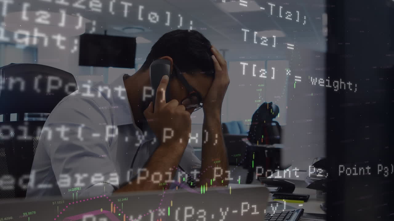 Animation of financial data processing over businessman using phone headset in office