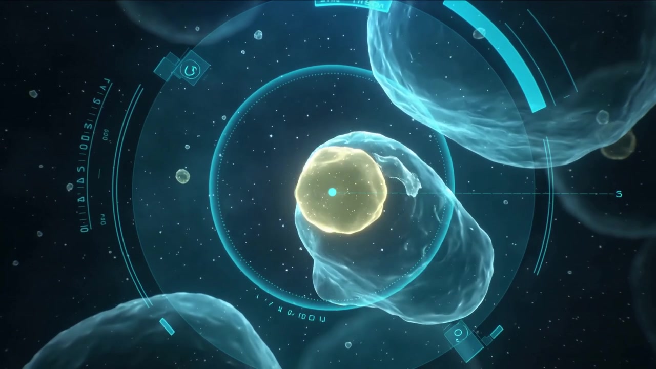 Membrana sferica centrale che si estende verso una vescicola in un ambiente CGI dopo il blocco HUD ciano per tracciare il nucleo