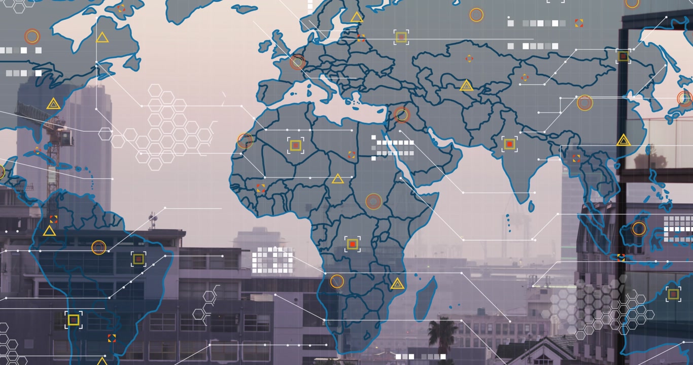 Animation of world map and data processing against aerial view of cityscape