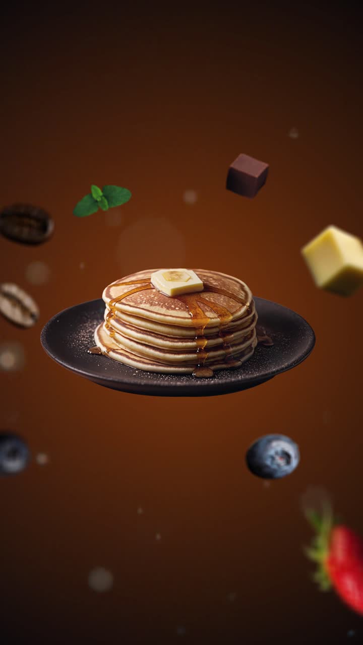 Regular Pancakes with honey Animation intro for advertising or marketing on dark orange background for restaurants with the ingredients of the dessert flying in the air - vertical add price or sale