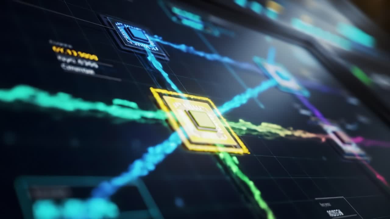 An innovative network monitoring interface displays real-time data flow and connections using vibrant colors and intricate graphics. This digital visualization aids in system management and analysis.